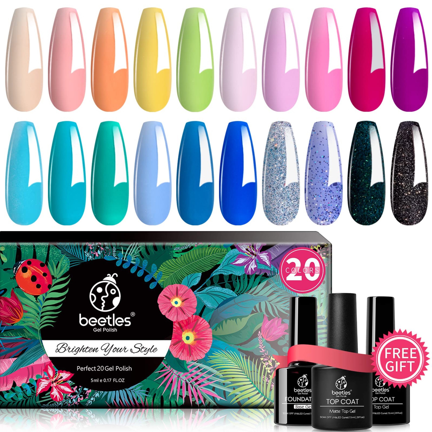 Beetles Gel Nail Polish Color，20Pcs Gel Polish Kit with Base Top Coat