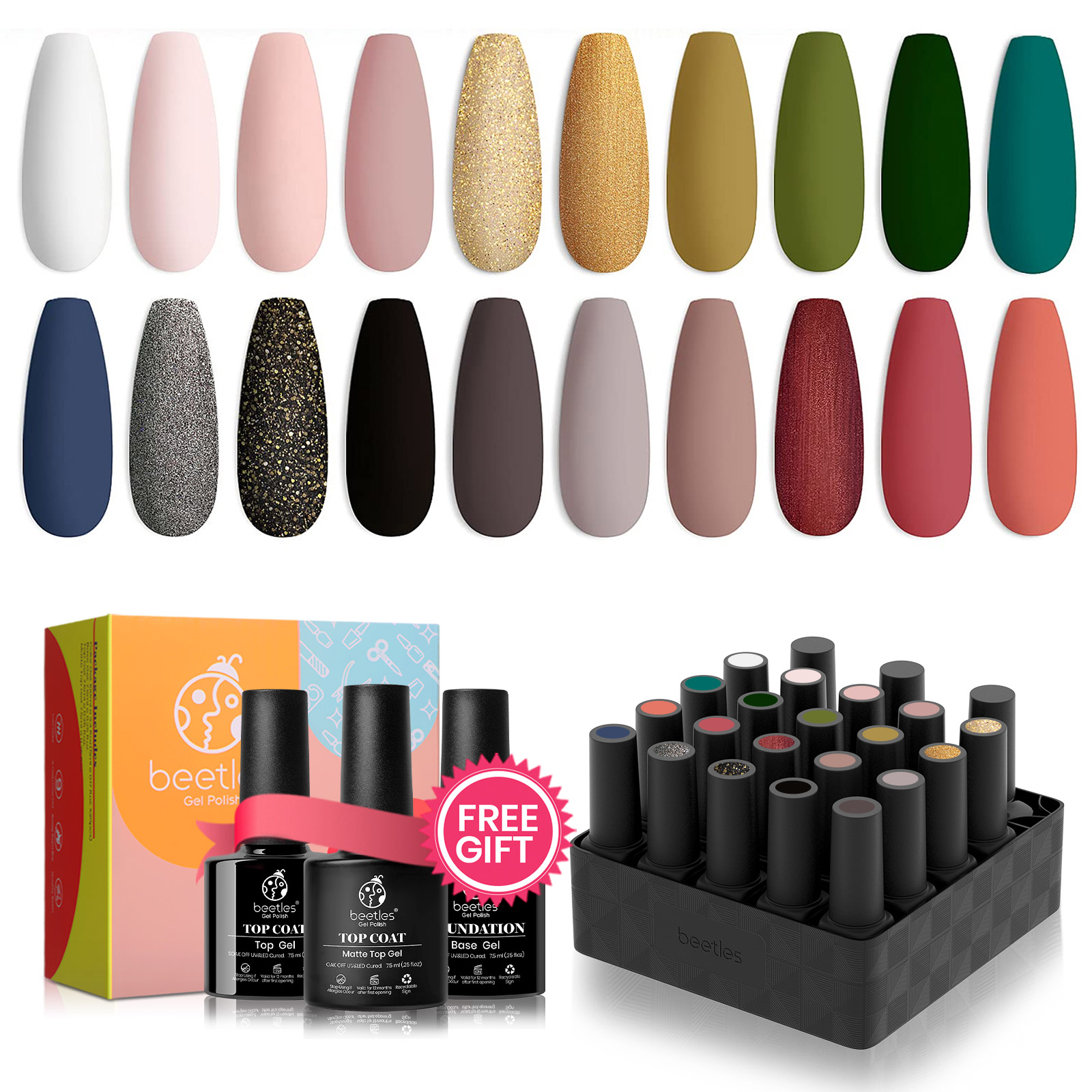 Beetles 20Pcs Gel Nail Polish Kit, with Glossy & Matte Top Coat and Base Coat- Lucky Tarot Collection, Popular White Nude Grey Green Nail Art Solid Glitters Colors Soak Off UV Gel Polish