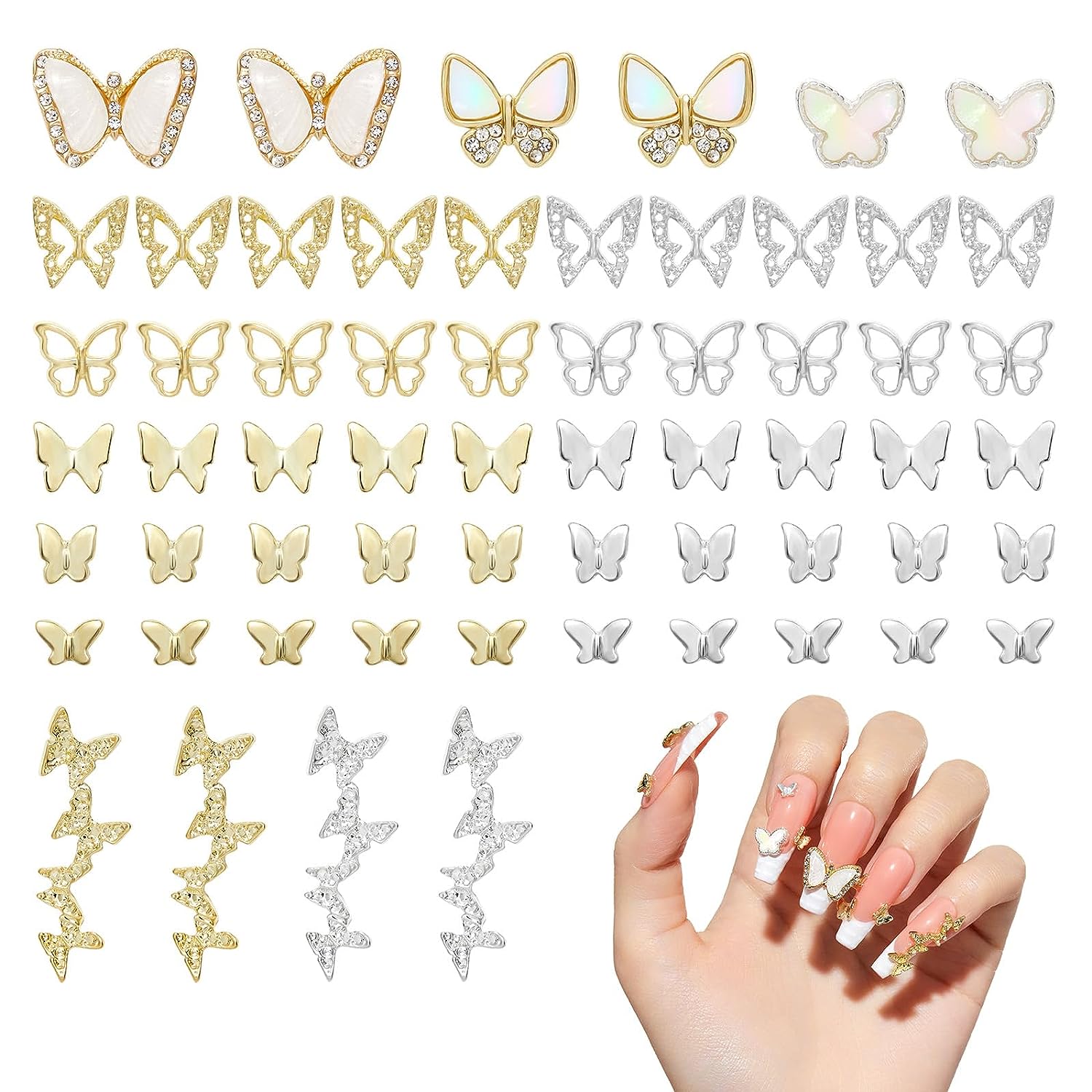 Beetles Gel Polish 60 Pcs 3D Nail Charms Butterfly Shape Metal Alloy Gold Silver Butterflies Gem for Nail Art Diy Mancure 9 Sizes