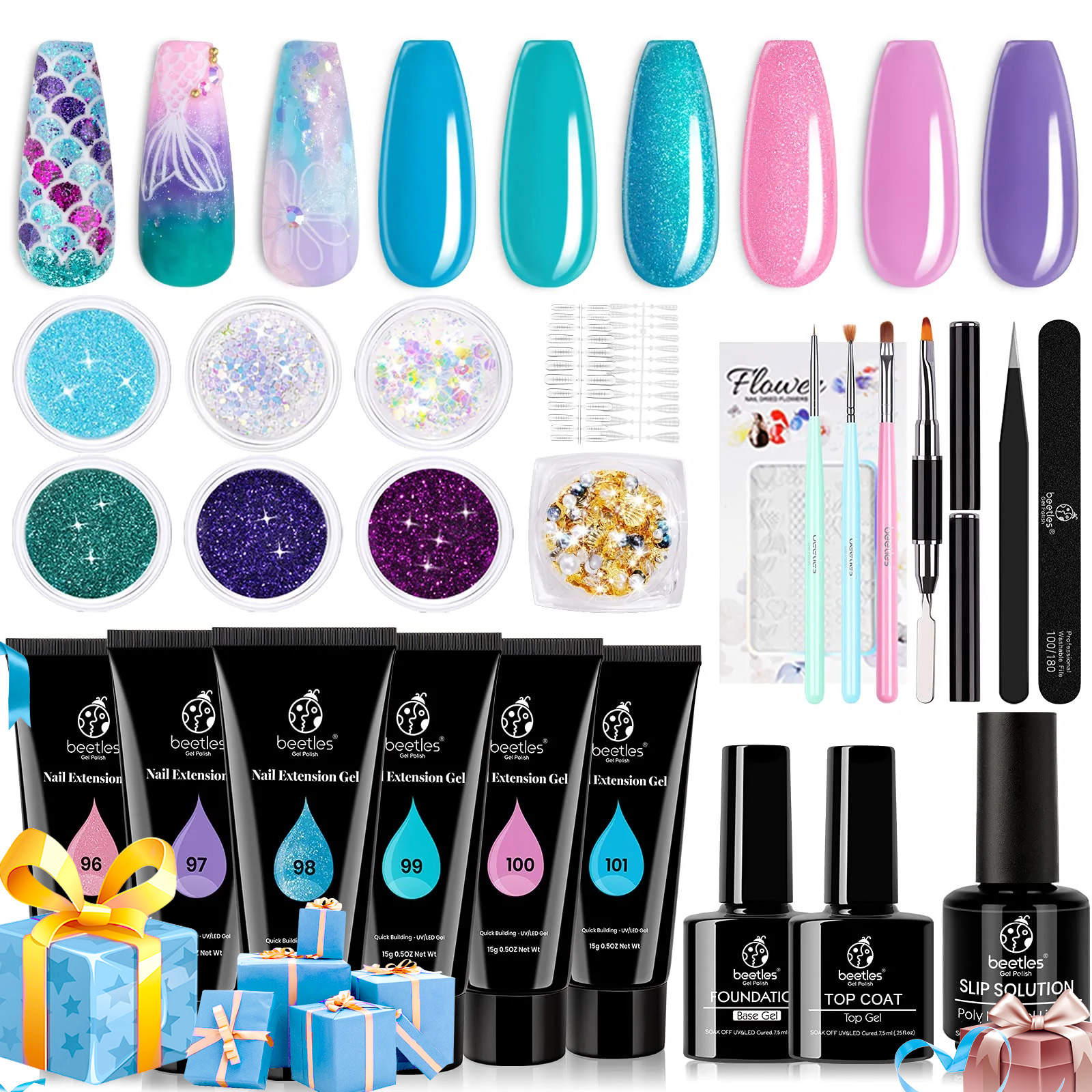 Beetles Poly Nail Extension Gel Kit, Mermaid 6 Colors Builder Extension Gel  with Slip Solution Rhinestone Glitters, Blue Purple Pink All In One Poly  Nail Enhancement Manicure Kit Easy DIY Nail