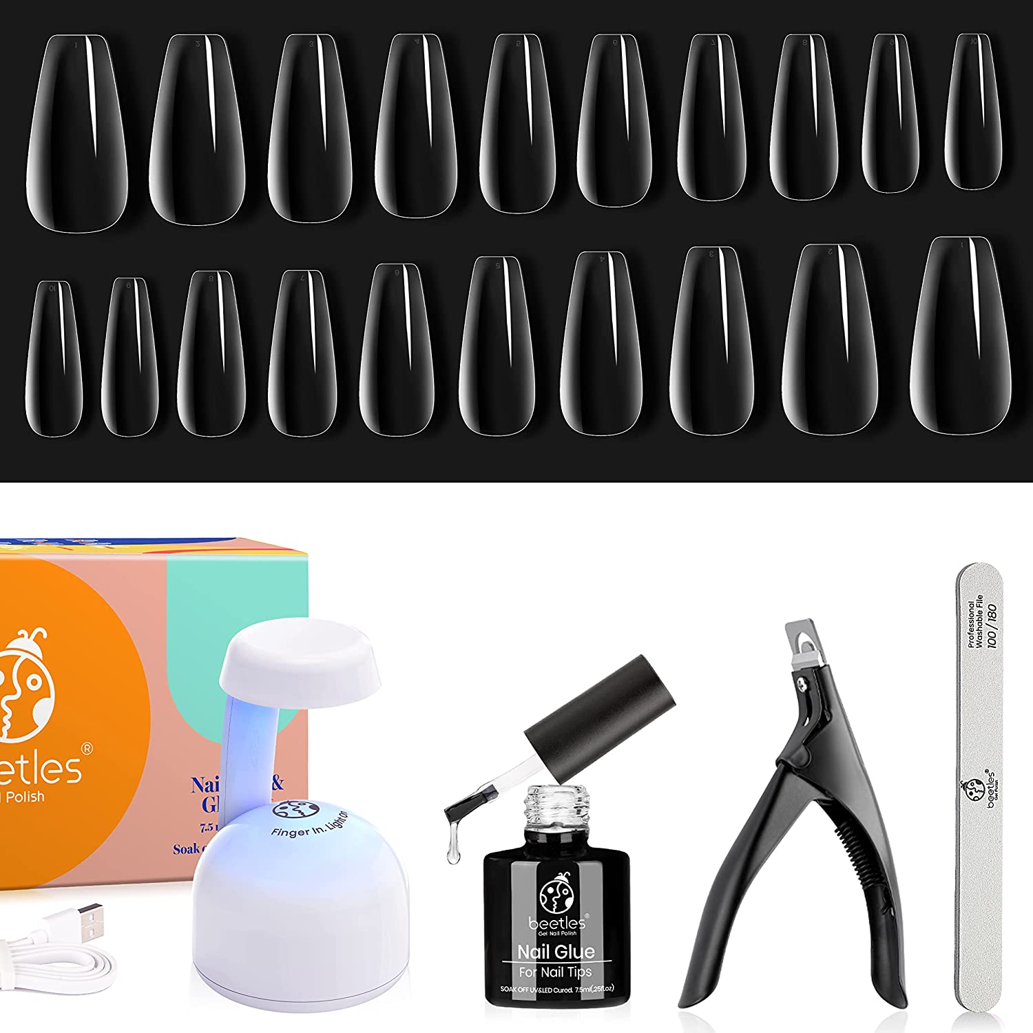 Beetles Easy Gel Tips Nail Extension Kit, 2 In 1 Nail Glue Gel Base Coat with Pre-shaped Medium Coffin Nails and U V LED Nail Lamp Acrylic Nail Clipper for Gel Art DIY Manicure Fast Nail Extension Kit