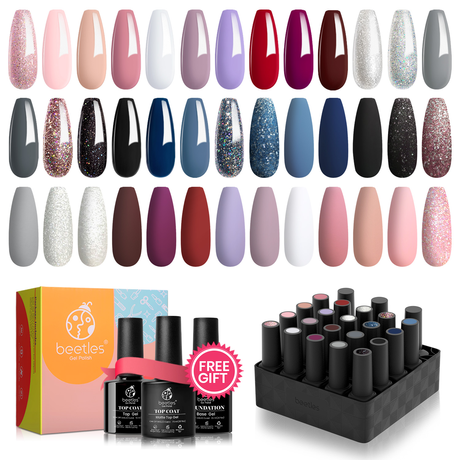 beetles Gel Polish Nail Set 20 Colors Modern Muse Collection Nude Gray Pink Blue Glitter Manicure Starter Kit with 3 Pcs Base Matte and Glossy Top Coat for Women