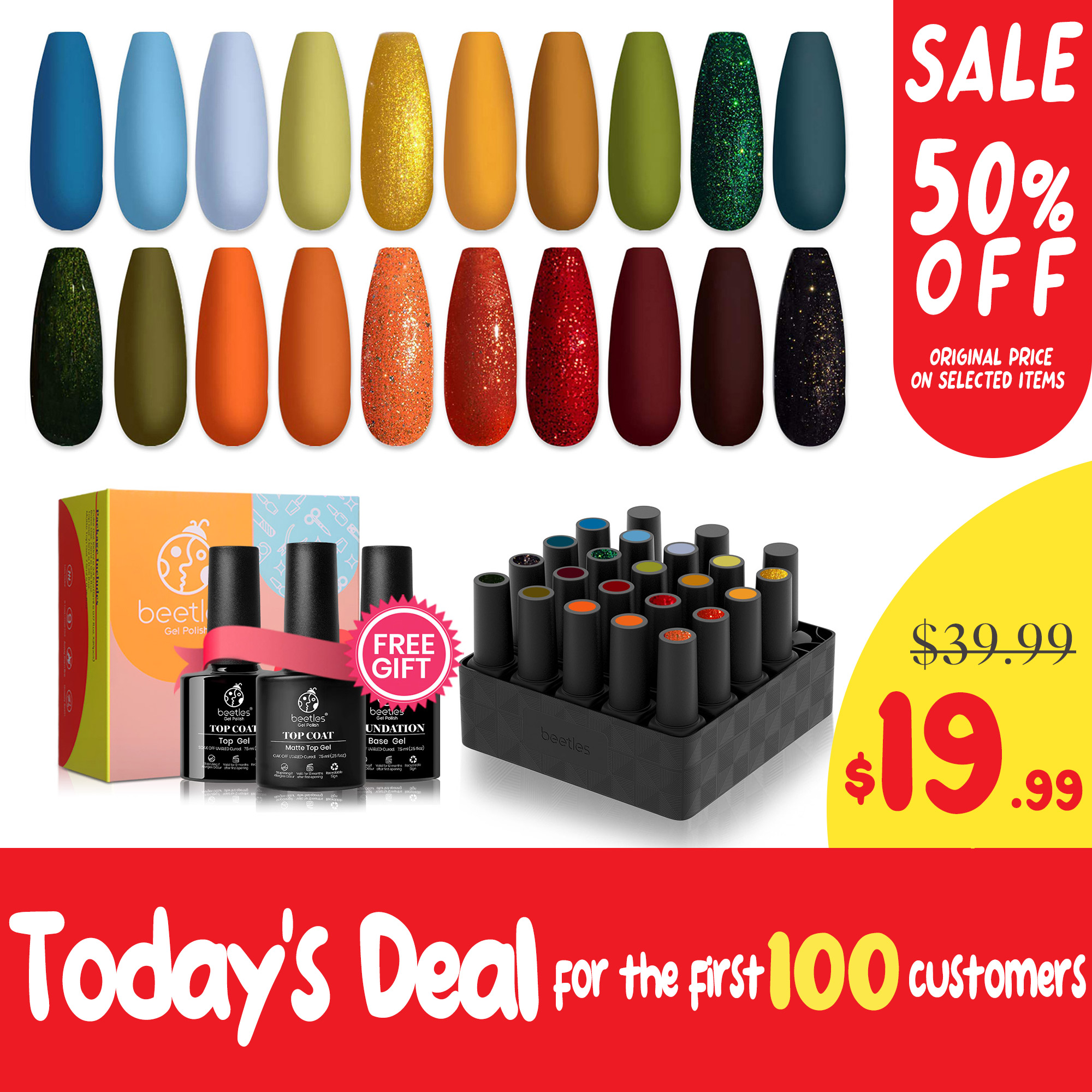 Beetles 20 Pcs Fall Winter Gel Nail Polish Kit, Nail Gel Polish Red Yellow Orange Green Gel Polish Set with Glossy & Matte Gel Top Coat Base Coat Soak Off Nail Lamp Christmas Gifts New Year Set