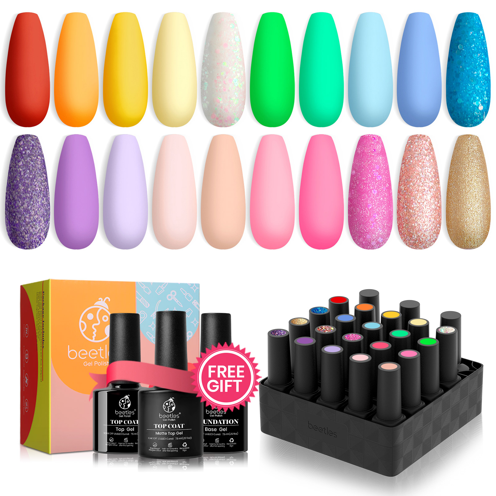 Rainbow - 20 Gel Colors Set with Top and Base Coat (5ml/Each)