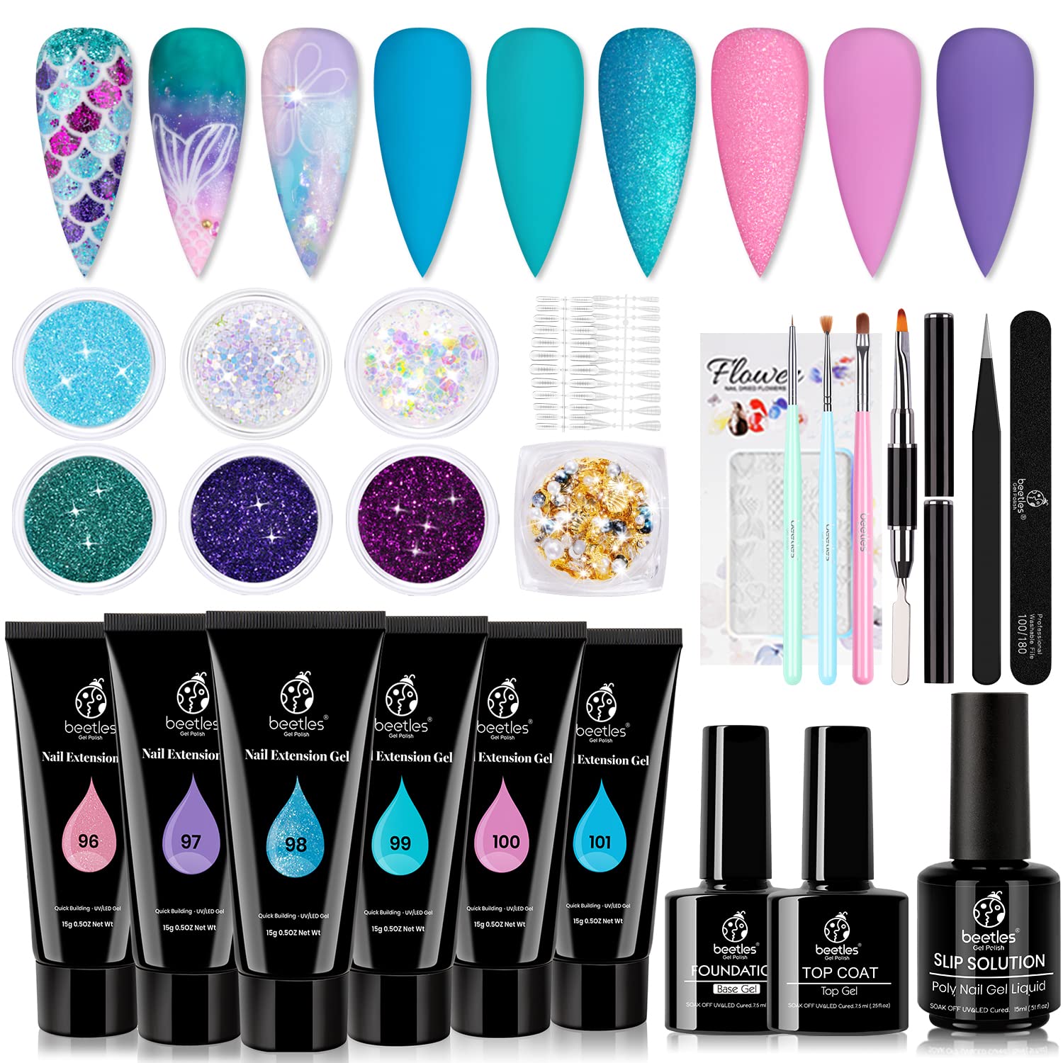 universitetsstuderende Chaiselong ting Beetles Poly Nail Extension Gel Kit, Mermaid 6 Colors Builder Extension Gel  with Slip Solution Rhinestone Glitters, Blue Purple Pink All In One Poly  Nail Enhancement Manicure Kit Easy DIY Nail