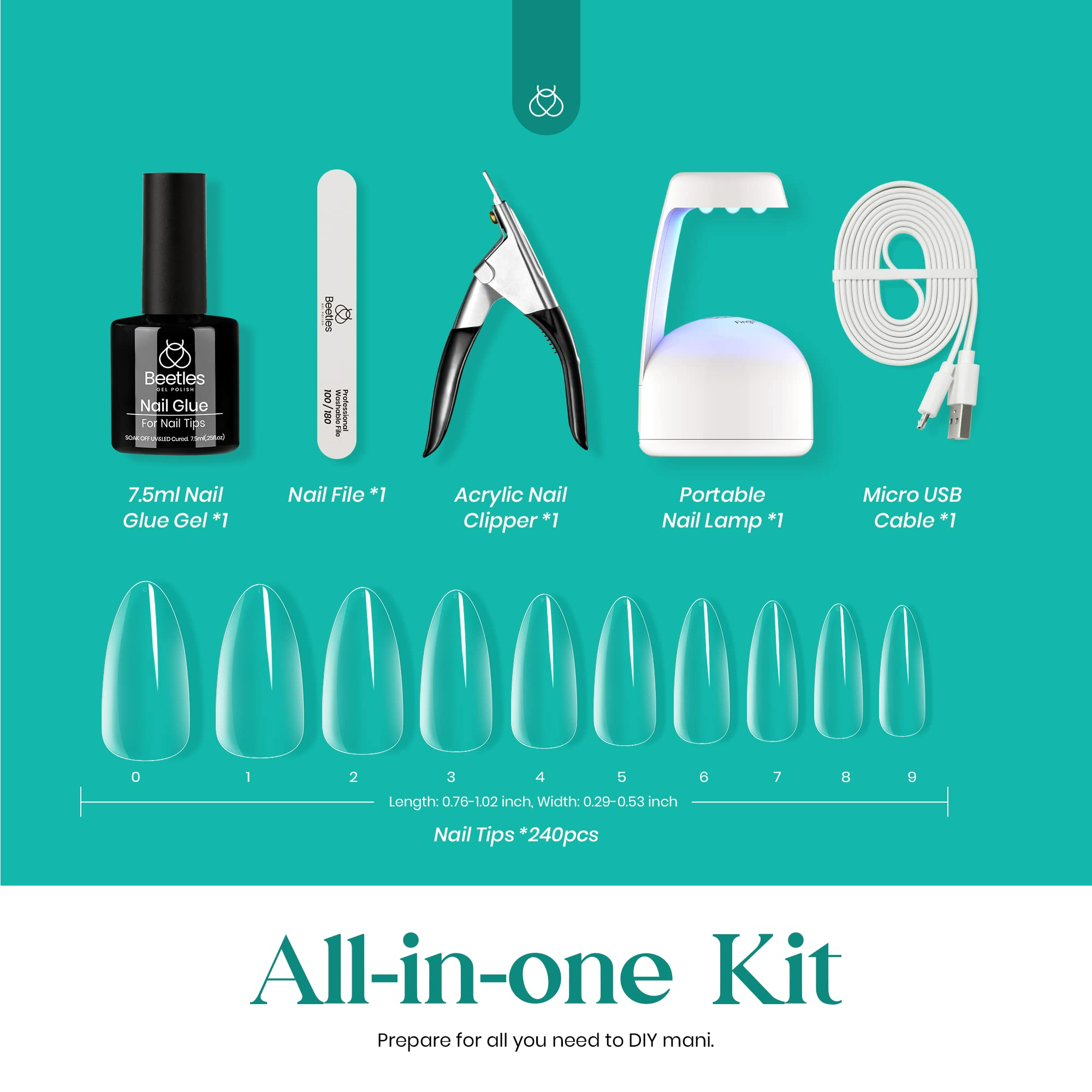 Beetles Easy Gel Tips Nail Extension Kit, 2 In 1 Nail Glue Gel Base Coat with Preshaped Medium