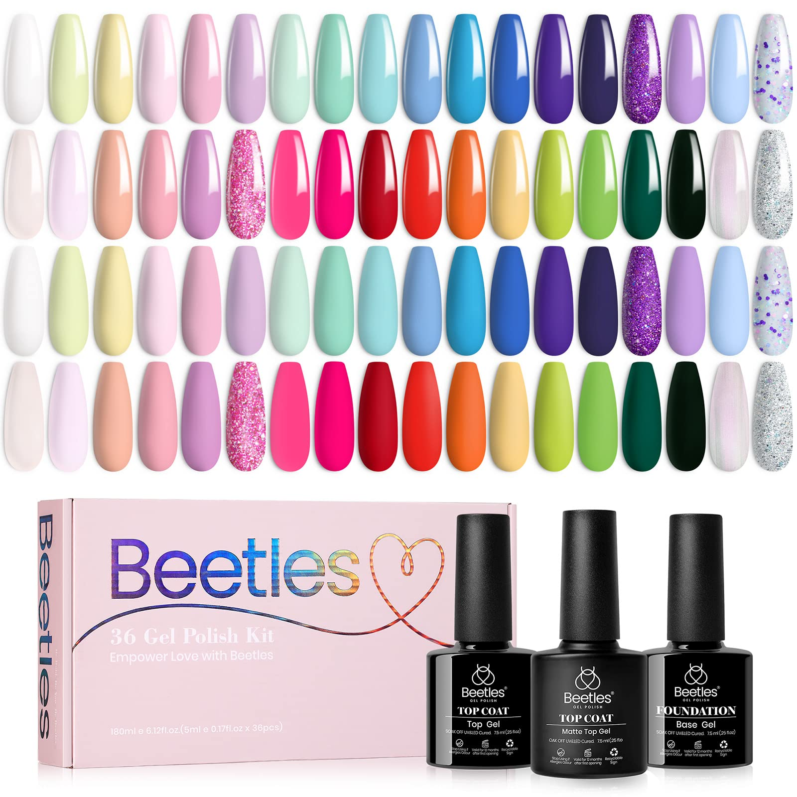 Beetles Gel Nail Polish Kit 36 Colors with Base Gel Glossy & Matte Top Coat, 2023 Popular Spring Pastel Girly Colors Gel Polish Set All Seasons Solid Sparkle Glitters Colors Valentine Gift for Women