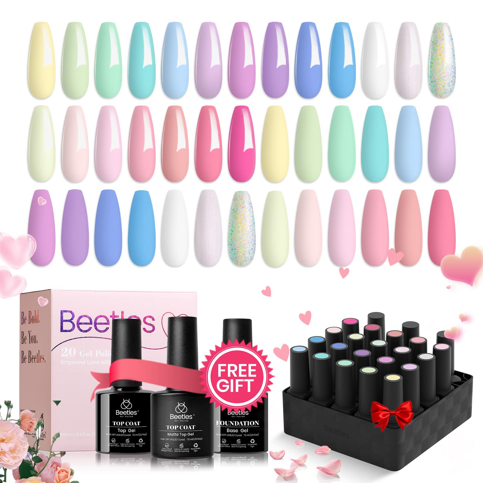 Beetles Gel Nail Polish Kit 20 Colors with Base Gel Glossy & Matte Top Coat, 2023 Spring Pastel Girly Colors Gel Polish Set Macaroon Bright Nail Art Solid Sparkle Glitters Colors Valentine Gift for Women