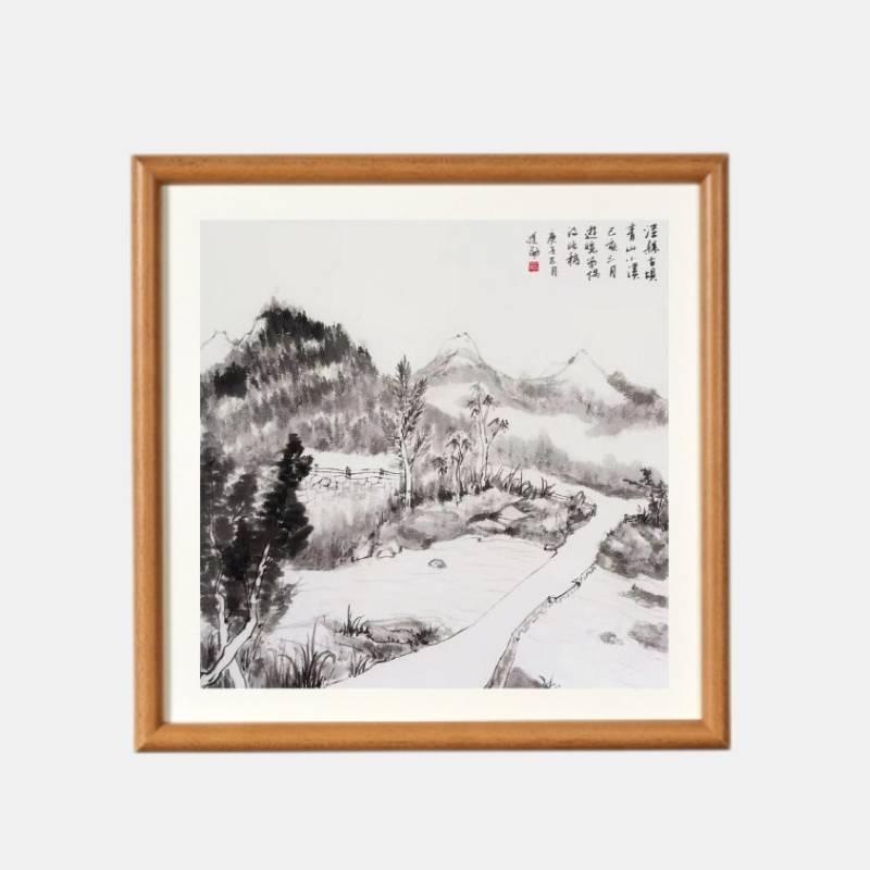 Traditional Chinese Painting Hand-painted with Wooden Frame Mountain R