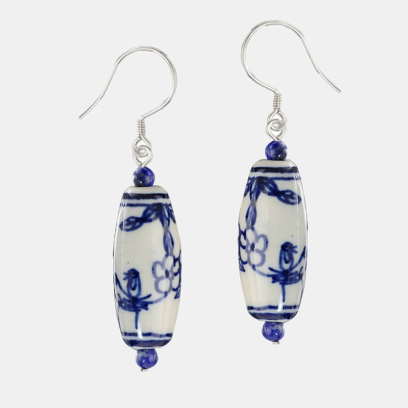 Blue and White Porcelain Earrings Pure Silver Ear Hook Chinese Style