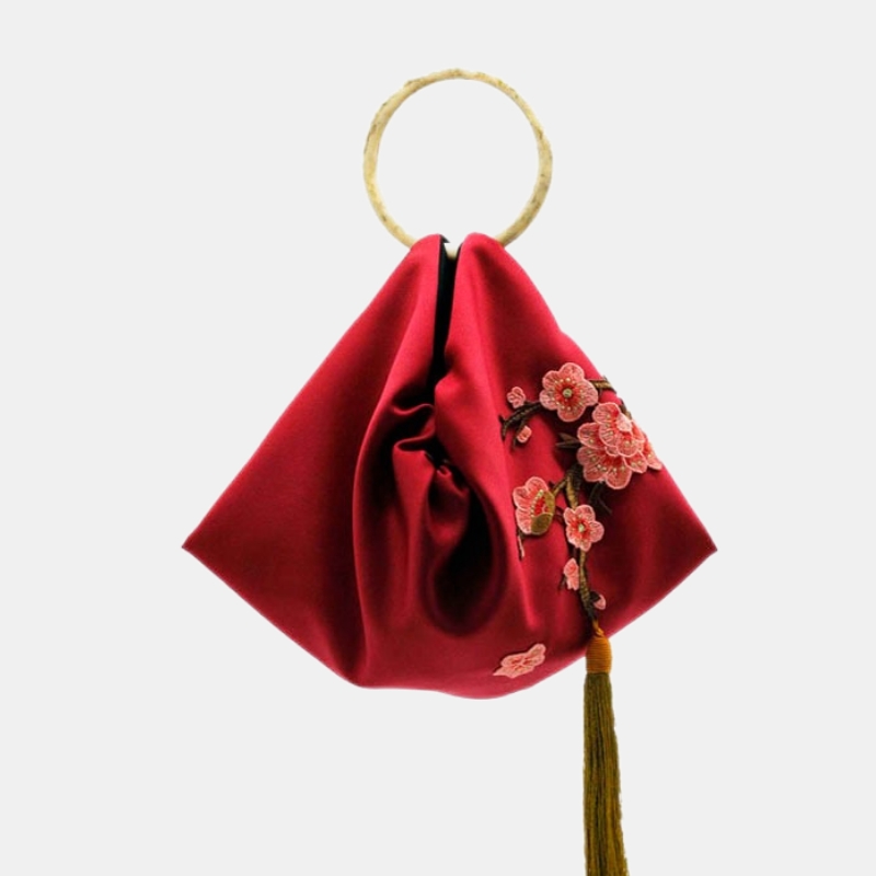 Retro Embroidered Bag Red Plum Tassel Cloth Handbag with Ring Handle-PandaBoo
