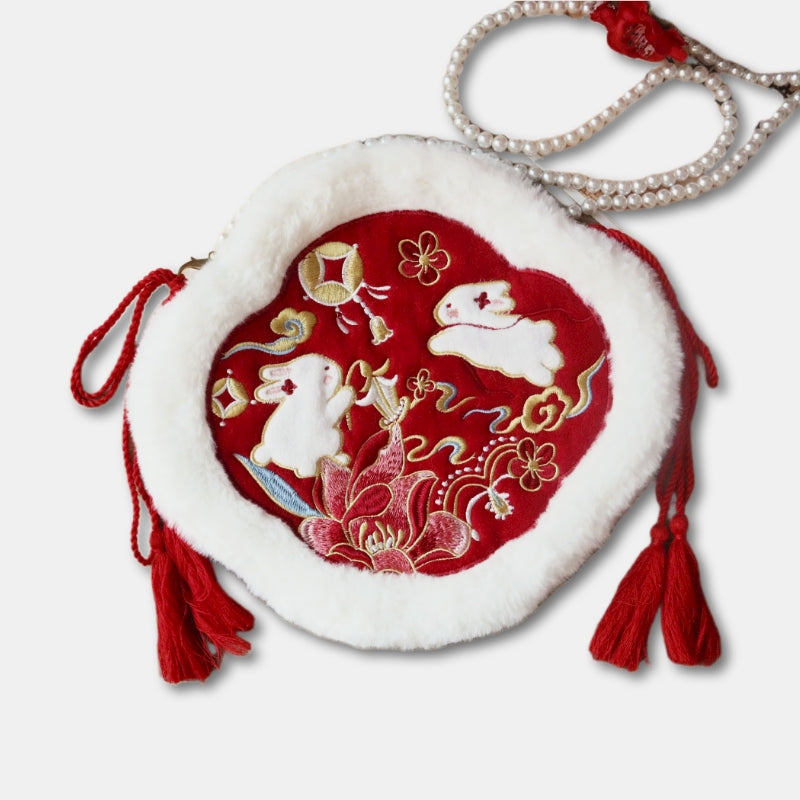 Rabbit Year Plush Bag Cute Embroidered Crossbody Bag New Year Red Retro-Style Accessories