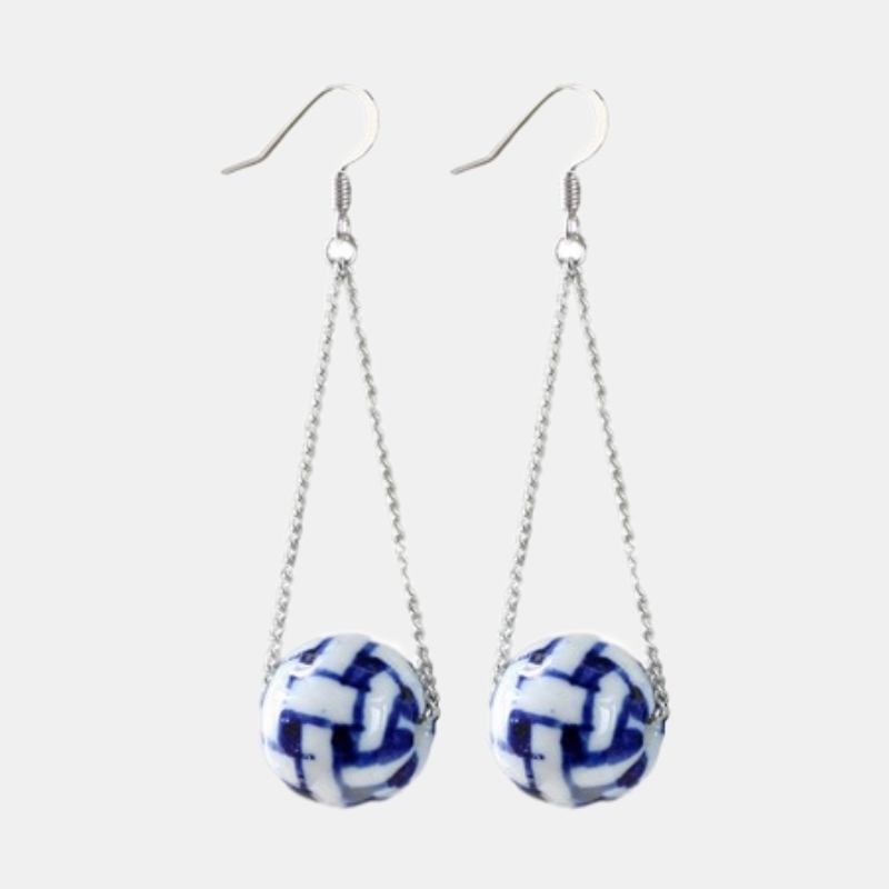 Blue and White Porcelain Silver Earrings Chinese Style Jewelry Super Long Retro Ball Earrings