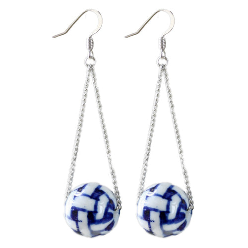 Blue and White Porcelain Silver Earrings Chinese Style Jewelry Super Long Retro Ball Earrings-PandaBoo