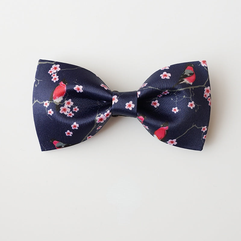 Peach Blossom and Bird Dark Blue Bow Tie Matte Satin Groom Bow Tie