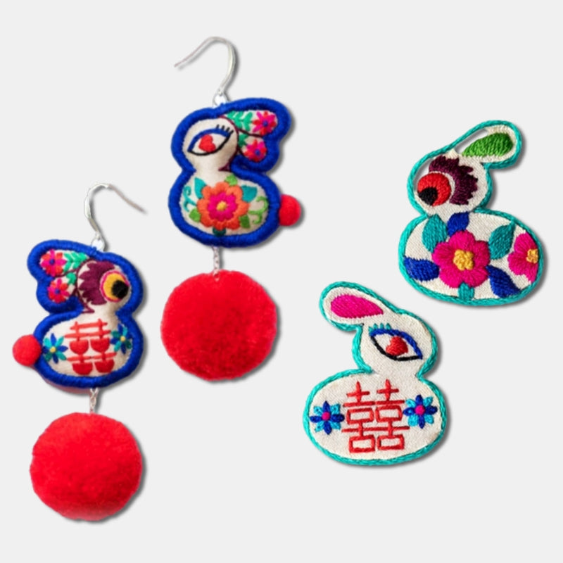 Chinese New Year Rabbit Earrings Handmade Embroidered Earrings Rabbit Zodiac