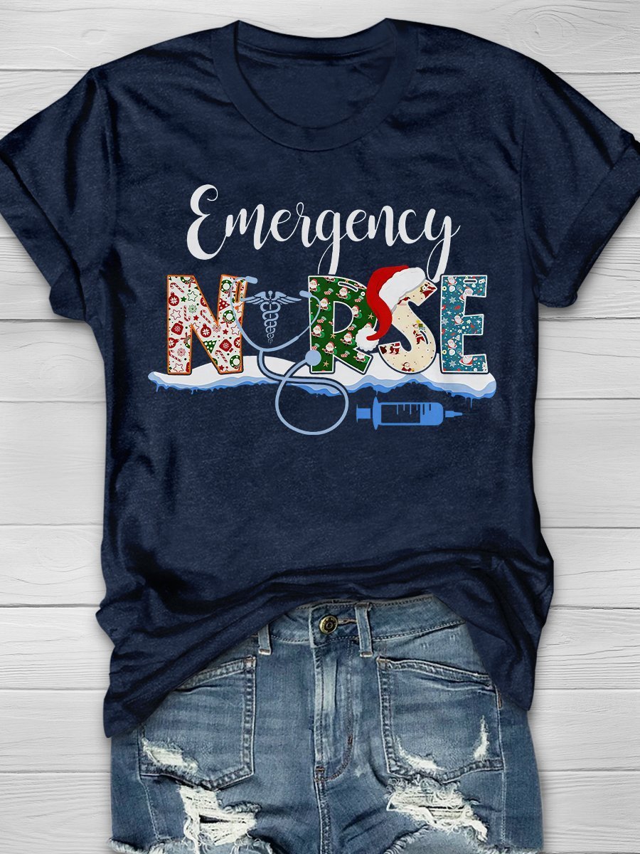 Emergency Nurse Christmas Print Short Sleeve Tshirt