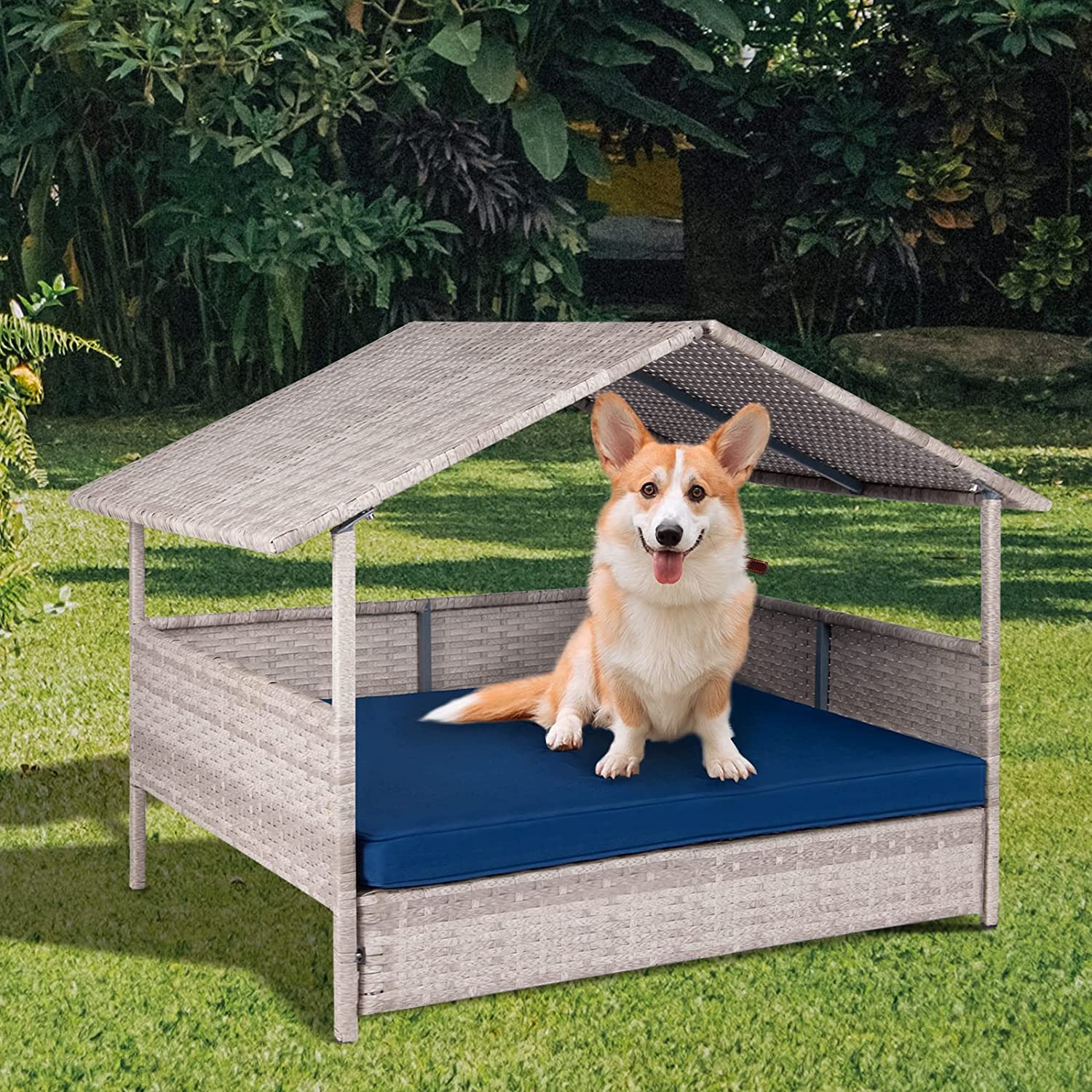 Wicker Dog House, Raised Rattan Bed with Removable Cushion