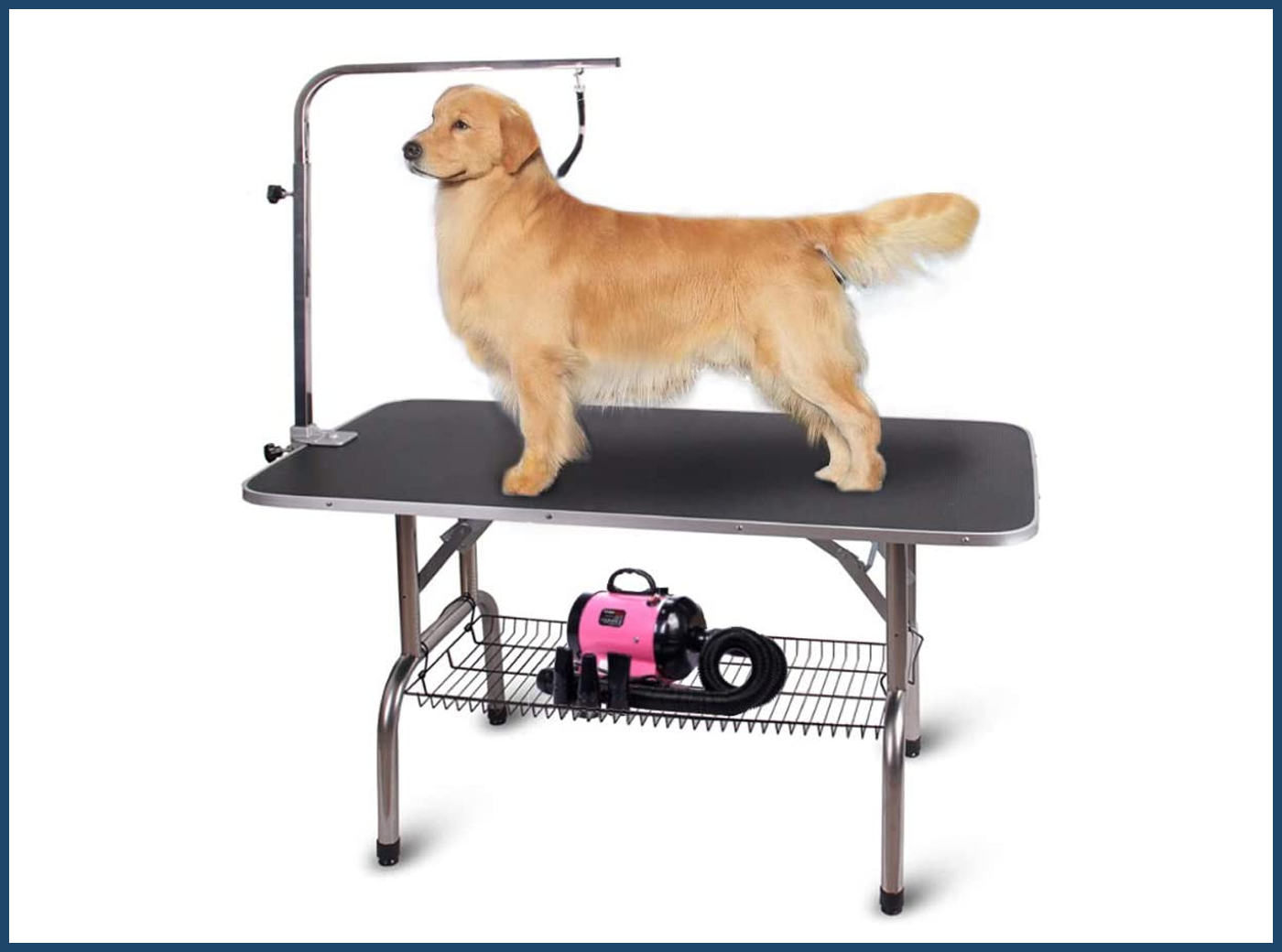 Foldable pet grooming table with adjustable stainless steel arms