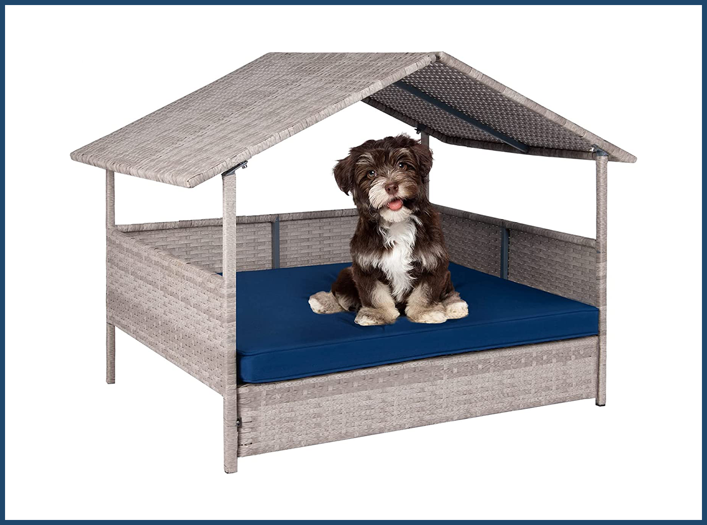 Wicker Dog House, Raised Rattan Bed with Removable Cushion