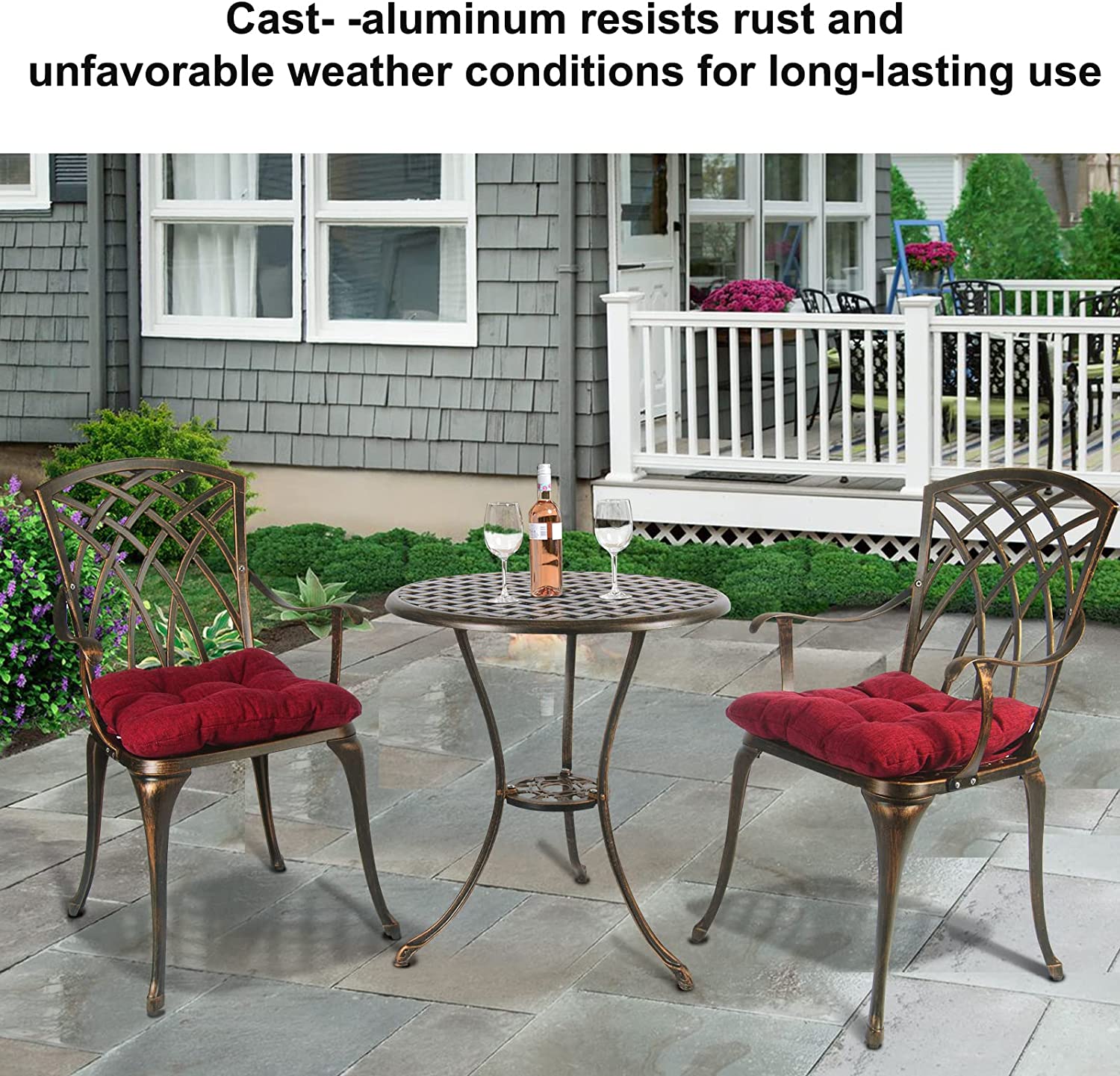 Cast Aluminum 3-Piece Outdoor Table and Chair Set with Umbrella Hole
