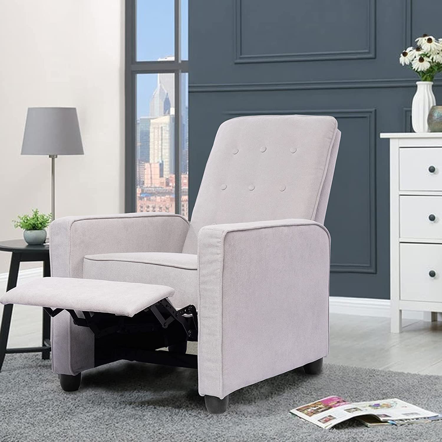 Modern push back recliner armchair, fabric lounge sofa