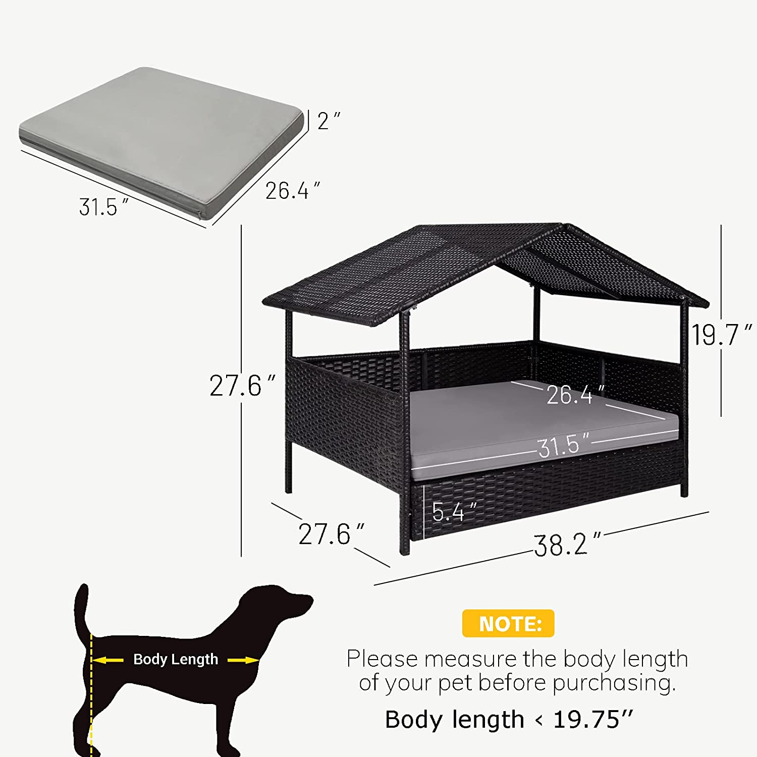 Wicker Dog House, Raised Rattan Bed with Removable CushionPolar Aurora