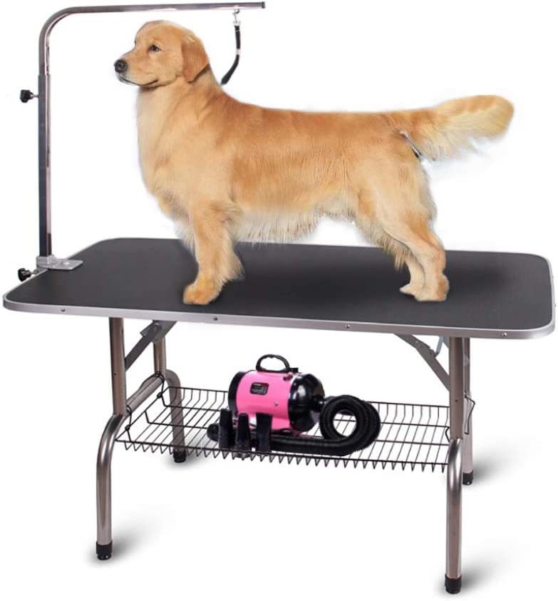 Foldable pet grooming table with adjustable stainless steel arms