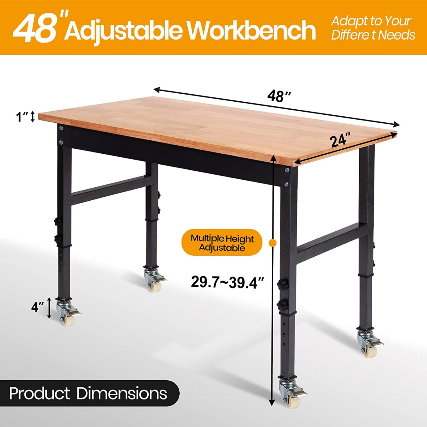 Rubberwood Top Heavy Duty Adjustable Work Bench,with wheels and socket