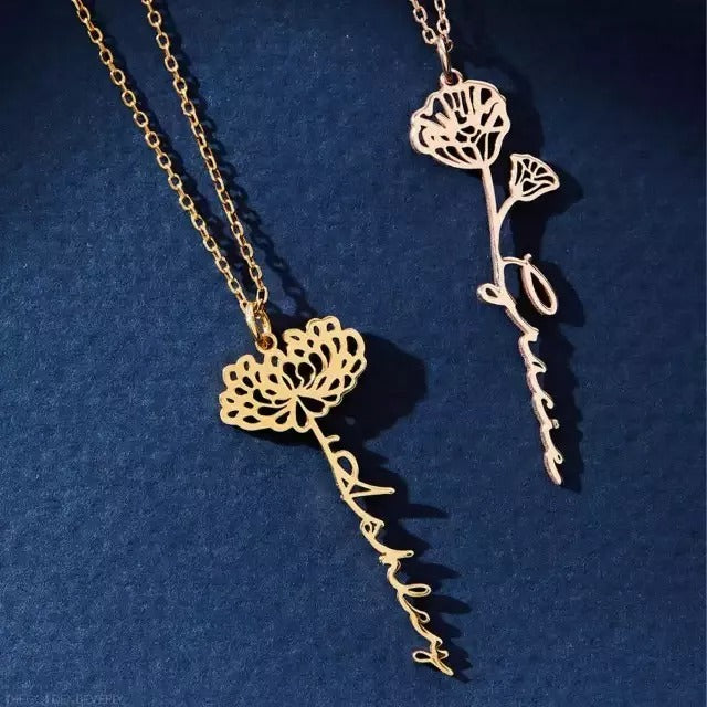 Dainty Name Necklace With Birth Flower