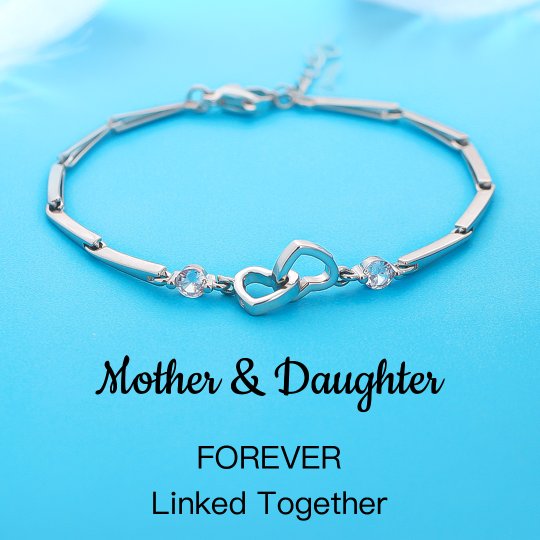 For Mother/Daughter - S925 Mother & Daughter Forever Linked Together Crystal Heart To Heart Bracelet
