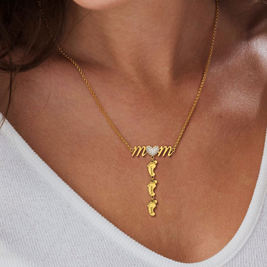 Personalized Heart Diamond Mom Necklace with Baby Feet