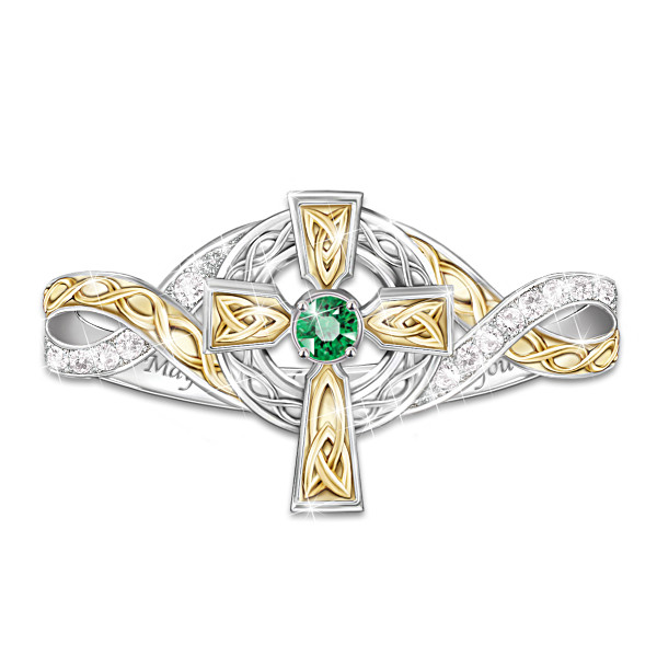 "Irish Blessing" Emerald And Diamond Celtic Cross Ring