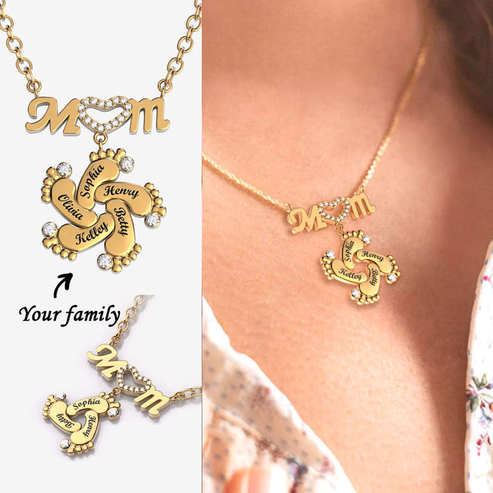 Mother's Day Gift Personalized Diamond Mom Necklace With Crystal Baby Feet