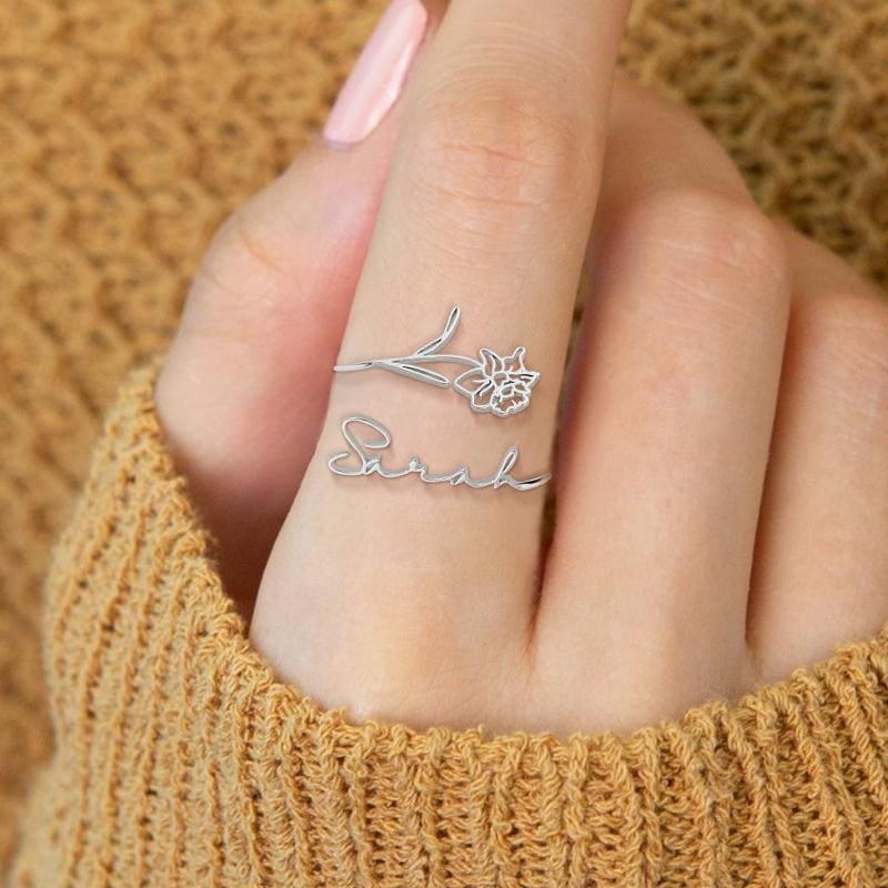 Dainty Name Rings With Birth Flower