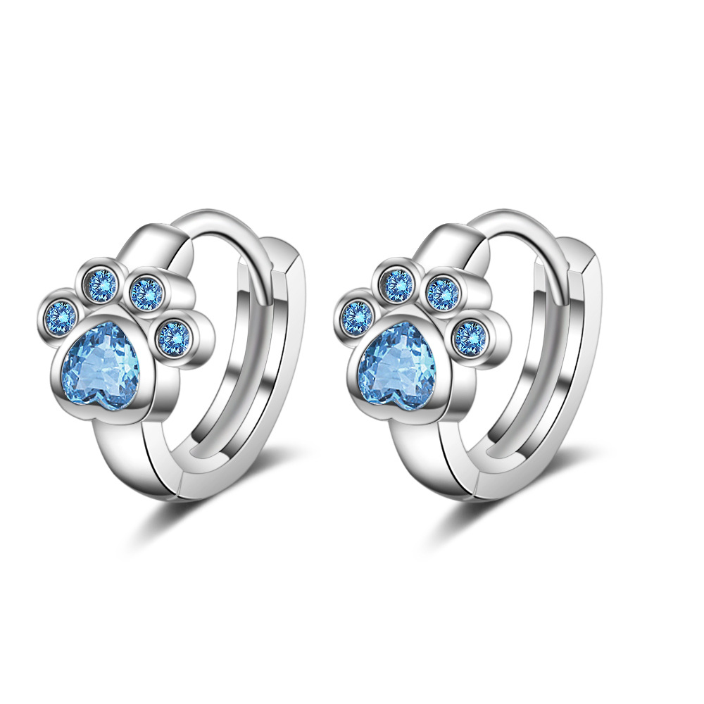 925 Sterling Silver Adorable Blue Diamond Paw Print Earrings