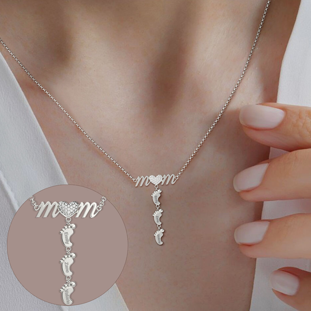 Personalized Heart Diamond Mom Necklace with Baby Feet