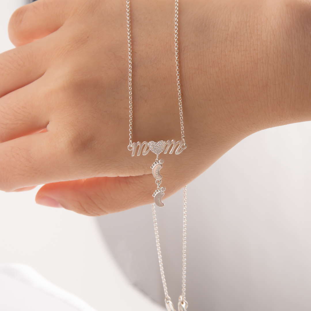 Personalized Heart Diamond Mom Necklace with Baby Feet