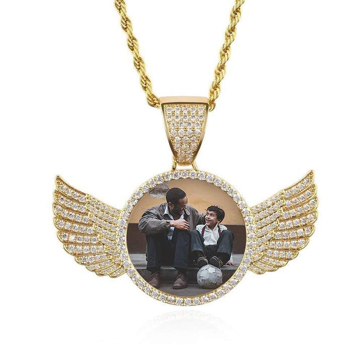 Personalized Circular Photo Necklace with Angel Wing-Tennis Chain