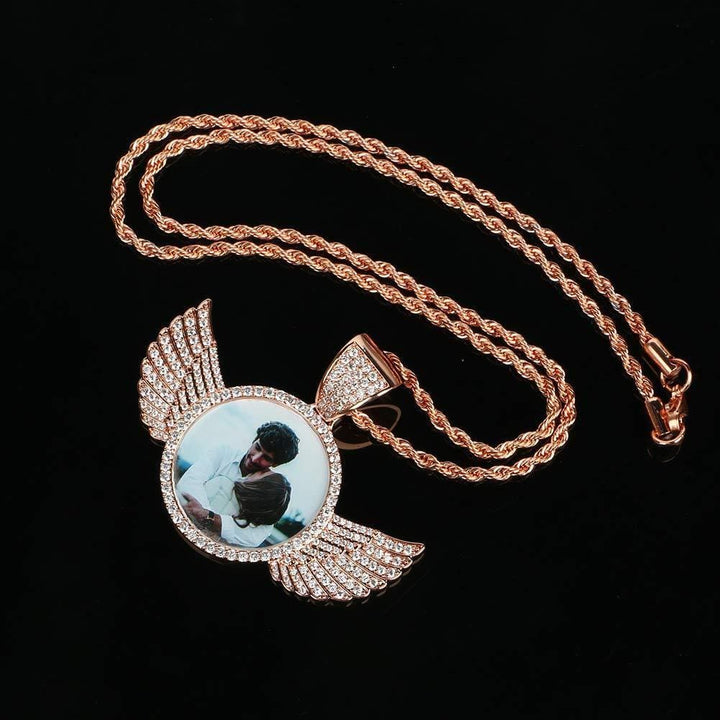 Personalized Circular Photo Necklace with Angel Wing-Tennis Chain