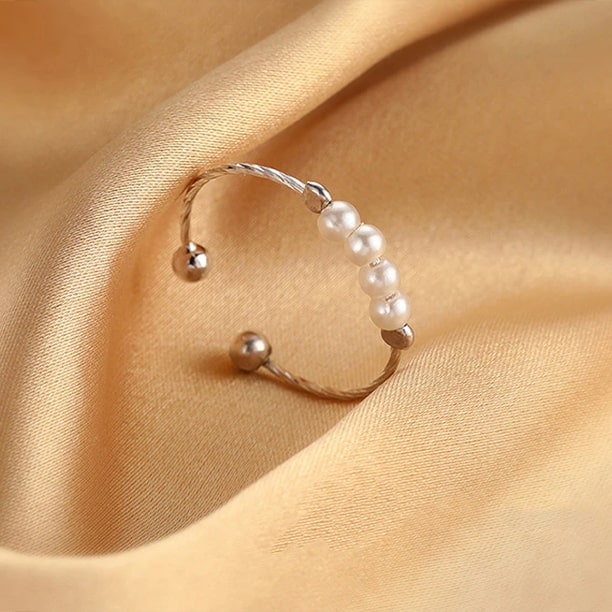 Pearl 925 Sterling Silver Anxiety Ring - Adjustable Ring - Prevent Nail Biting
