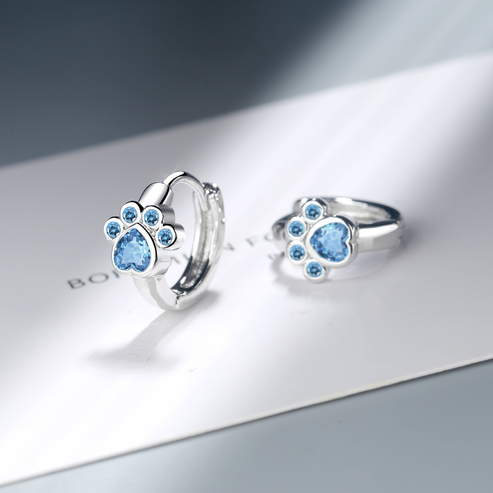 925 Sterling Silver Adorable Blue Diamond Paw Print Earrings