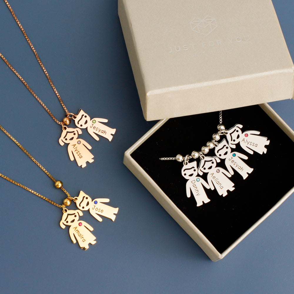 Mother's necklace with engravable birthstone children's charms