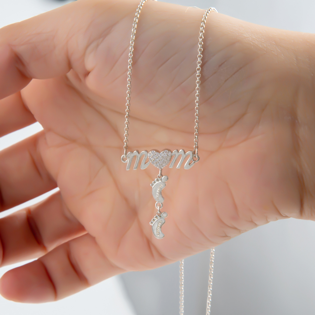 Personalized Heart Diamond Mom Necklace with Baby Feet