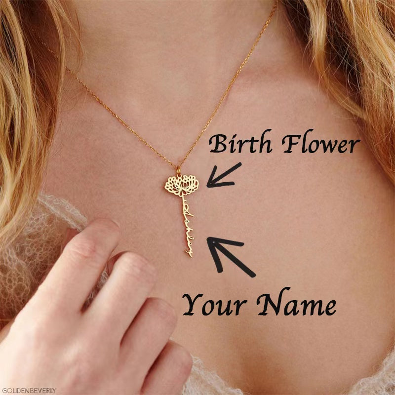 Dainty Name Necklace With Birth Flower