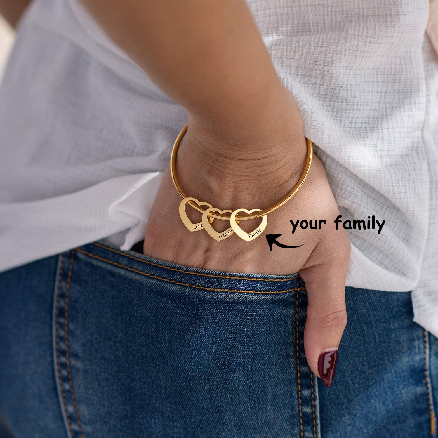 Christmas Gift Family Bangle Bracelet with Heart Shape Pendants