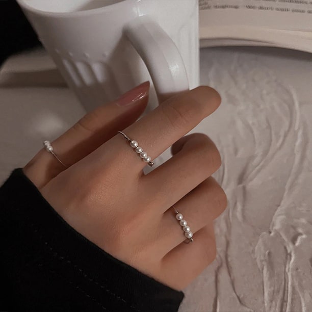 Pearl 925 Sterling Silver Anxiety Ring - Adjustable Ring - Prevent Nail Biting