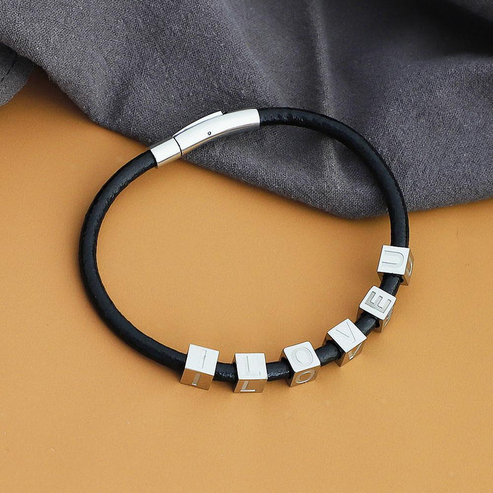 Father's Day Gift Men's Personalized Leather Bracelet With Cube Initials Beads