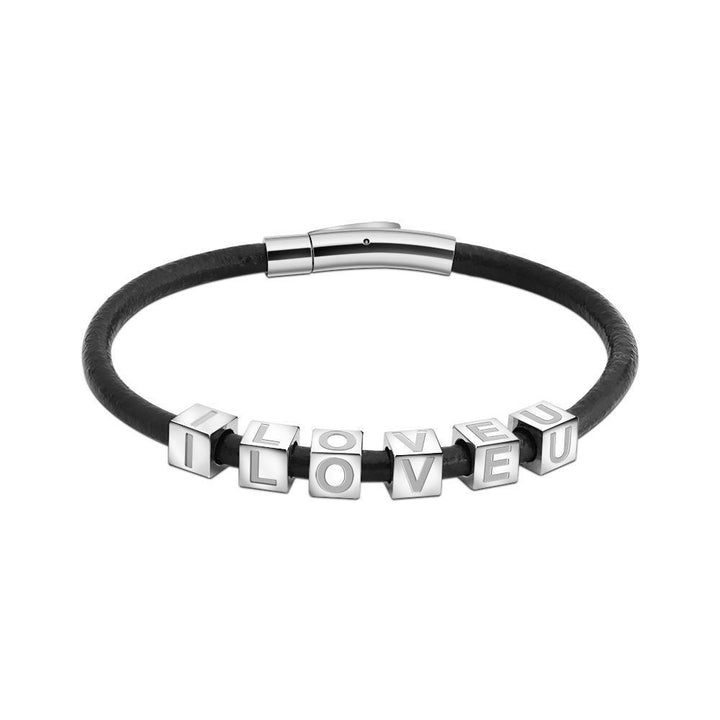 Father's Day Gift Men's Personalized Leather Bracelet With Cube Initials Beads