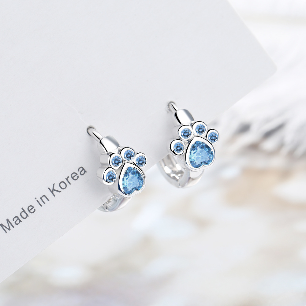 925 Sterling Silver Adorable Blue Diamond Paw Print Earrings